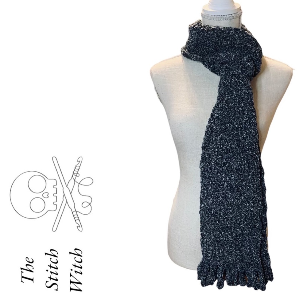 Black Speckled Plush Extra Long Crocheted Chenille Scarf